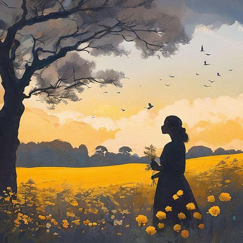 Plukken in een bloemenveld - vierkant werk in geel grijs en zwart