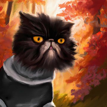 Zwarte Perzische kat met trui in  herfstbos van Maud De Vries