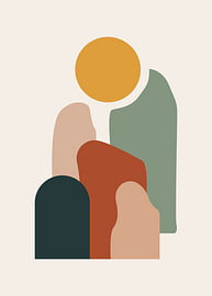 Boho cluster of layered arch shapes beneath glowing sun silhouette by Adam Khabibi