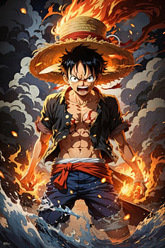 Luffy Amidst Flames and Water