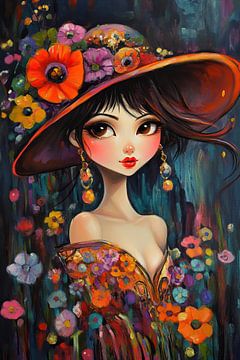 Femme aux couleurs florales avec chapeau