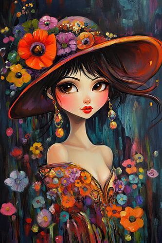 Woman in Floral Colours with Hat by Eye catching paintings