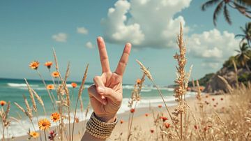 Vrouw met overwinningsteken op tropisch strand met bloemen van Markus Gann