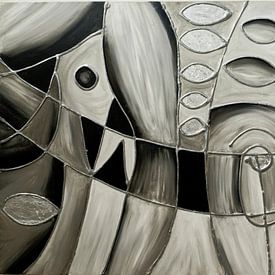 Modern Abstract, Minimalisme, Zwart-Wit Mozaïek, met Zilveren Accenten-2 van Joriali Abstract