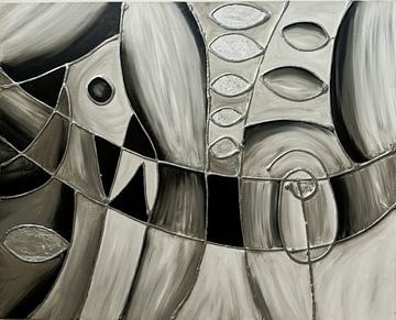 Modern Abstract, Minimalisme, Zwart-Wit Mozaïek, met Zilveren Accenten-2 van Joriali Abstract