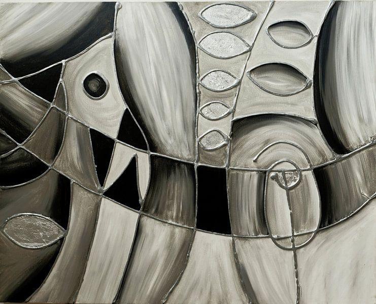 Abstrait moderne, minimalisme, mosaïque noire et blanche, avec accents argentés-2 par Joriali Art abstrait