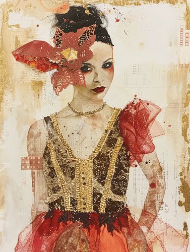 Portret in rood en goud, collage stijl