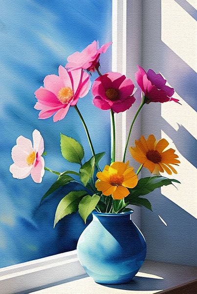 Nature morte fraîche - vase devant une fenêtre par Maud De Vries