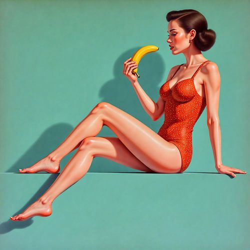Retro pinup vrouw in badpak met banaan