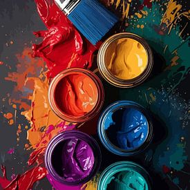 Vibrant Paint Jars and Brush | Overhead Artist's Palette Studio Art by Artivisual