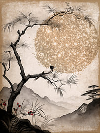 Orientalische Landschaft, Vogel auf Tannenbaum, Sumi-e-Stil von Studio Pieternel