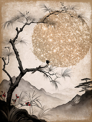 Paysage oriental, oiseau sur un pin, style Sumi-e