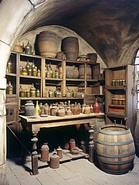Country estate cellar Shelves Bottles Wooden barrels abandoned