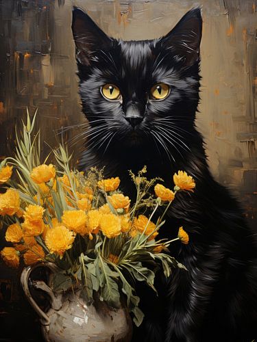 Zwarte kat met gouden bloemen in een kruik