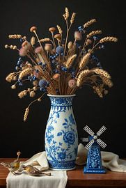 Delft blue flower vase with tulips and field bouquet - Dutch still life by Kleurenrijk