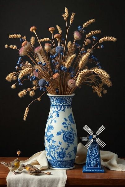 Delfter Blau Blumenvase mit Tulpen und Feldblumenstrauß - Holländisches Stillleben von Kleurenrijk