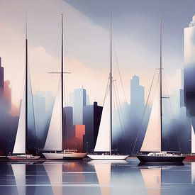 Segelboote abstrakt vor Hafenstadt-10 von Rautenberg Digital Art Maritim