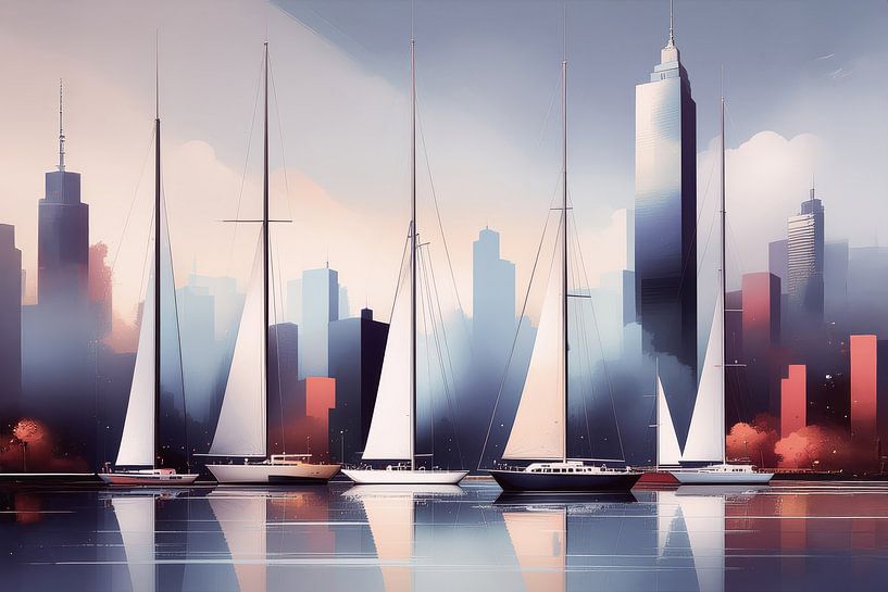 Sailboats abstract in front of harbour city-10 by Rautenberg Digital Art Maritim