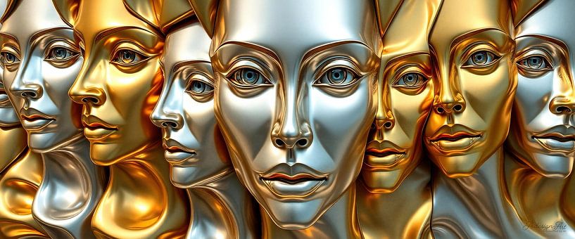 Gouden en zilveren gemaskerde blikken - een processie van gezichten tussen afstand en nabijheid, verhulling en onthulling van AidasignArt