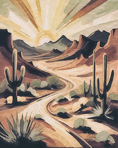 Zon, bergvallei en cactussen in Vintage posterstijl