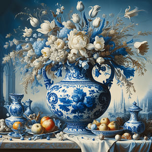 Stilleven; Delftsblauwe vaas met witte en blauwe bloemen