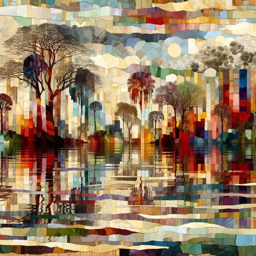 Collage mosaïque du reflet d'une forêt exotique sur Lois Diallo