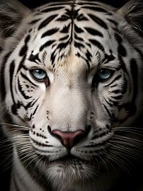 Majestueus portret van een witte tijger met doordringende blauwe ogen van Clay Artista
