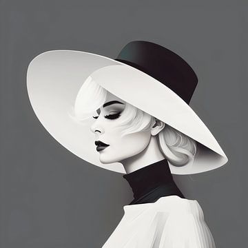 Een minimalistisch, vectorachtige kunstwerk van een vrouw met een grote hoed in een victoriaanse stijl. van Karina Brouwer