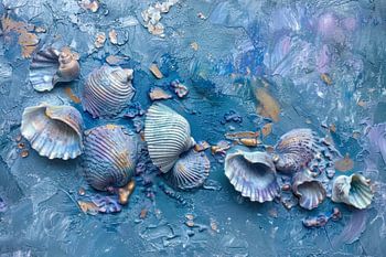 Abstract schilderij met schelpen, blauw
