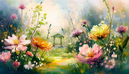Schilderij van een dromerige bloementuin met prieeltje