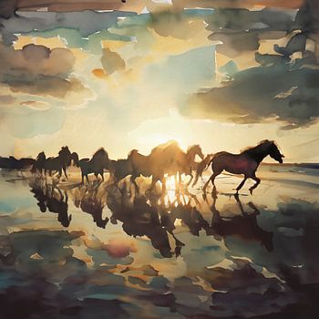 Paarden aan zee – aquarel schilderij bij zonsondergang