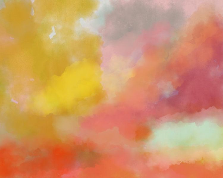 Kleurrijk modern abstract aquarel schilderij in rood, roze, geel, paars van Dina Dankers