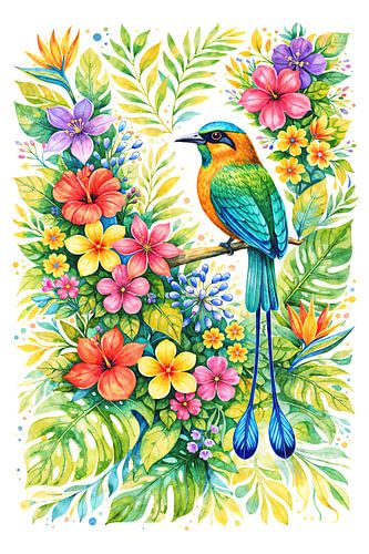 Motmot vogel tussen kleurrijke tropische bloemen (AI) (vrolijk, schilderij, felle, kleuren, jungle, sierlijk, vrolijk, mooi)