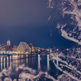 Beroemde skyline van Regensburg, Beieren in de winter met sneeuw op nig van Robert Ruidl