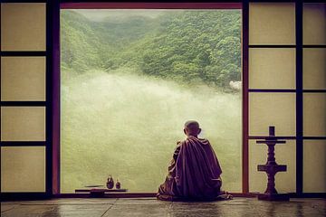Mönch meditiert im Tempel Hintergrund, Illustration von Animaflora PicsStock