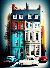 Stadthaus Autos bunt Personen surreal viktorianisch klassisch
