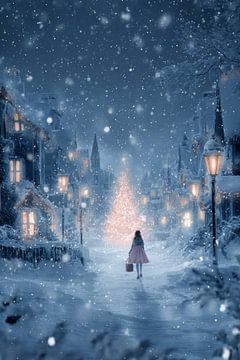 Fille dans la rue enneigée Magie de l'arbre de Noël