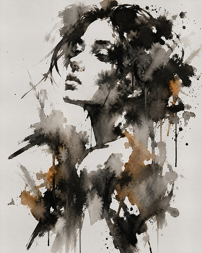 Ink Muse XVII | Abstract portrait of a woman in Indian ink and watercolour