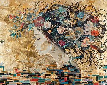 Vrouw Gouden Bloemen | Mystic Chroma Flow van Kunst Kriebels