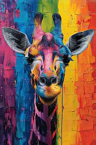 Bunte Highlights - Ausdrucksstarke Giraffe in Regenbogenfarben