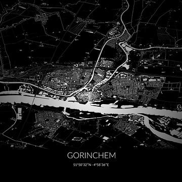 Zwart-witte landkaart van Gorinchem, Zuid-Holland. van Rezona