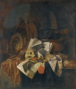 Une nature morte Vanitas avec un crâne, un sablier, des livres et des papiers, Franciscus Gijsbrecht