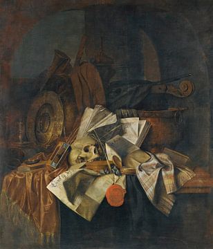 Een Vanitas-stilleven met een schedel, een uurglas, boeken en papieren, Franciscus Gijsbrechts