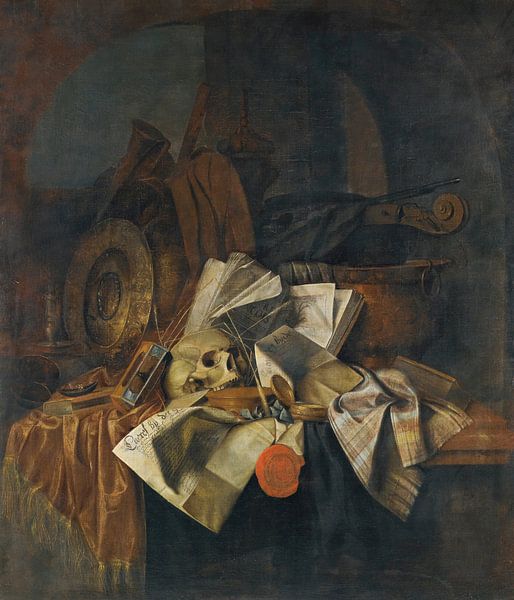 Een Vanitas-stilleven met een schedel, een uurglas, boeken en papieren, Franciscus Gijsbrechts van Meesterlijcke Meesters