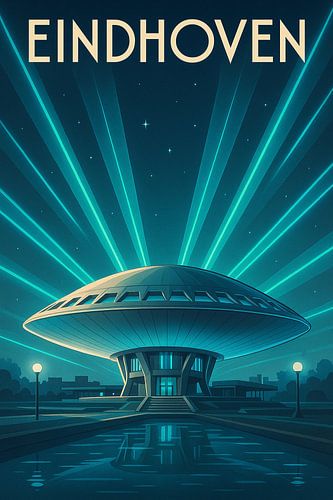 Eindhoven Muurkunst - Vintage Nachtscène van Evoluon