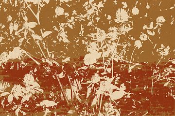 White flowers on dark gold and terracotta. Modern botanical art. by Dina Dankers