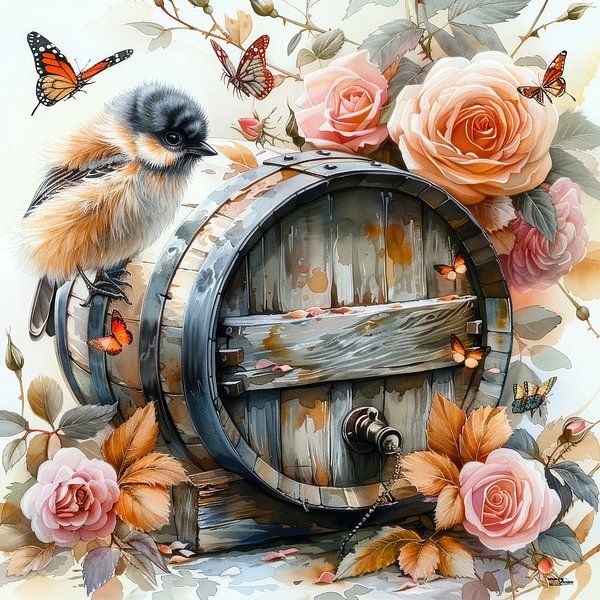 dogs-cats-birds-wine-barrel-butterflies-flowers by Gelissen Artworks