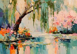 A willow tree and blossoms on the quiet lakeside by Niklas Maximilian