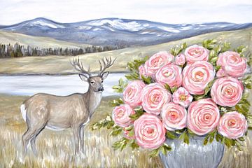 Hert met roze rozen schilderij van Imperial Art House