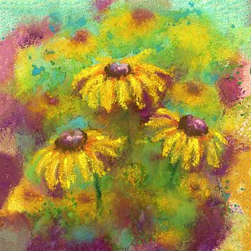 Flowerbed with Yellow Rudbeckia Watercolour and Pastel Chalk by Karen Kaspar